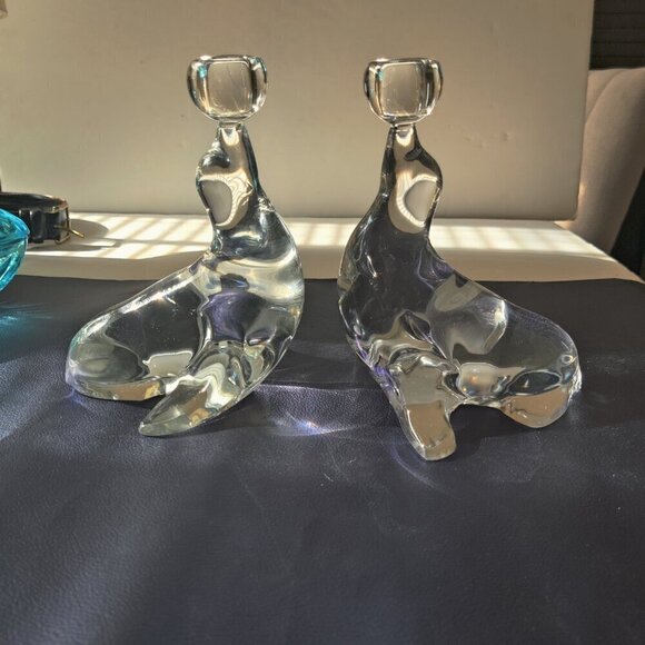 Viking Clear Glass Seal Candleholders. MCM, Looks like an Ice Sculpture 7 1/2 in - Picture 4 of 5